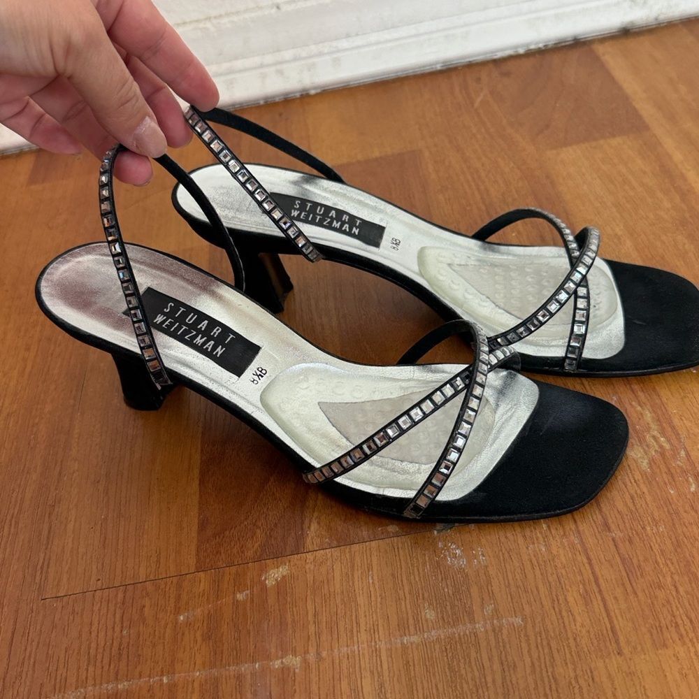 Vintage Stuart Weitzman Black Strappy y2k kitten heels with rhinestones